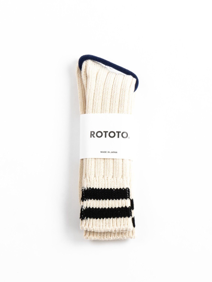 RoToTo Low Raw 2 Stripes Crew Socks Ecru/Black | Socks