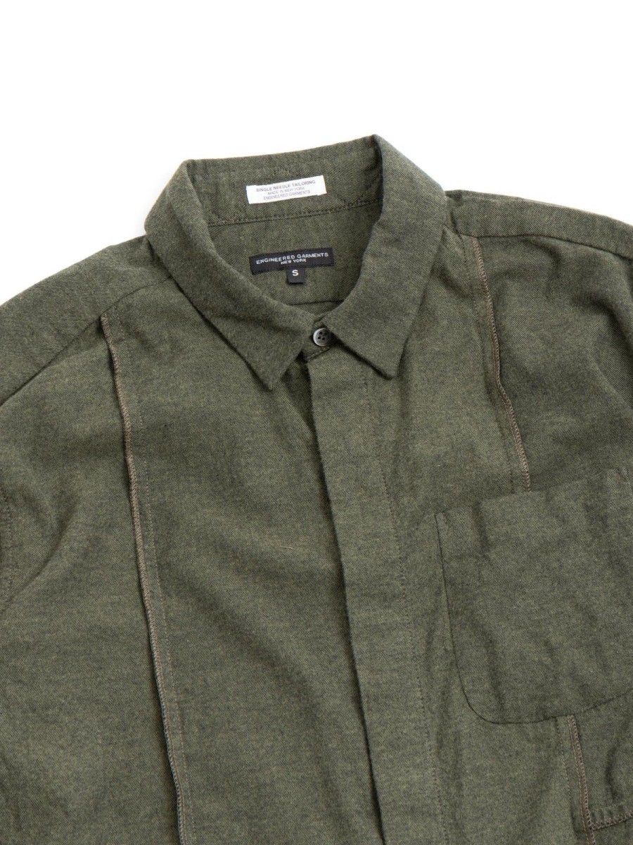 Engineered Garments Combo Short Collar Shirt Olive Solid Cotton Flannel | Shirts