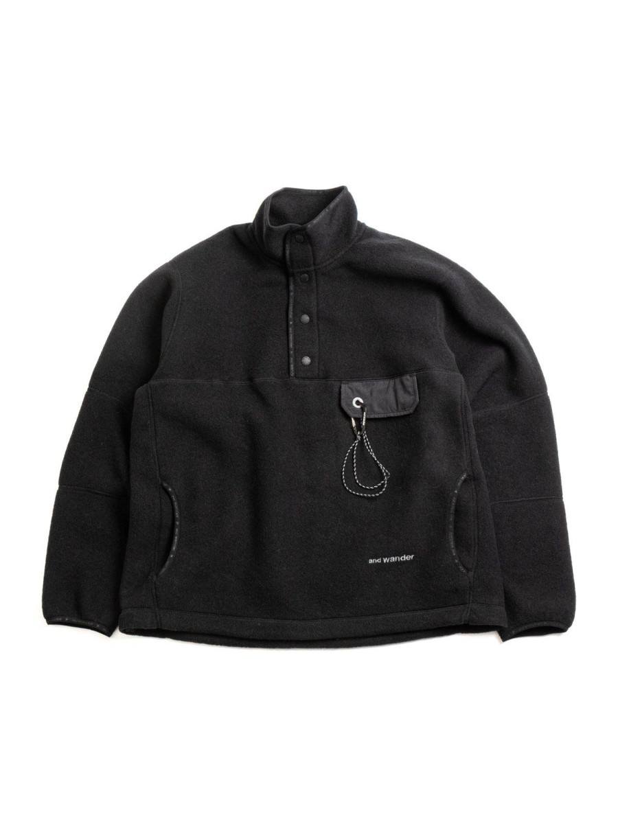 and wander Wool Fleece Pullover Black | Outerwear