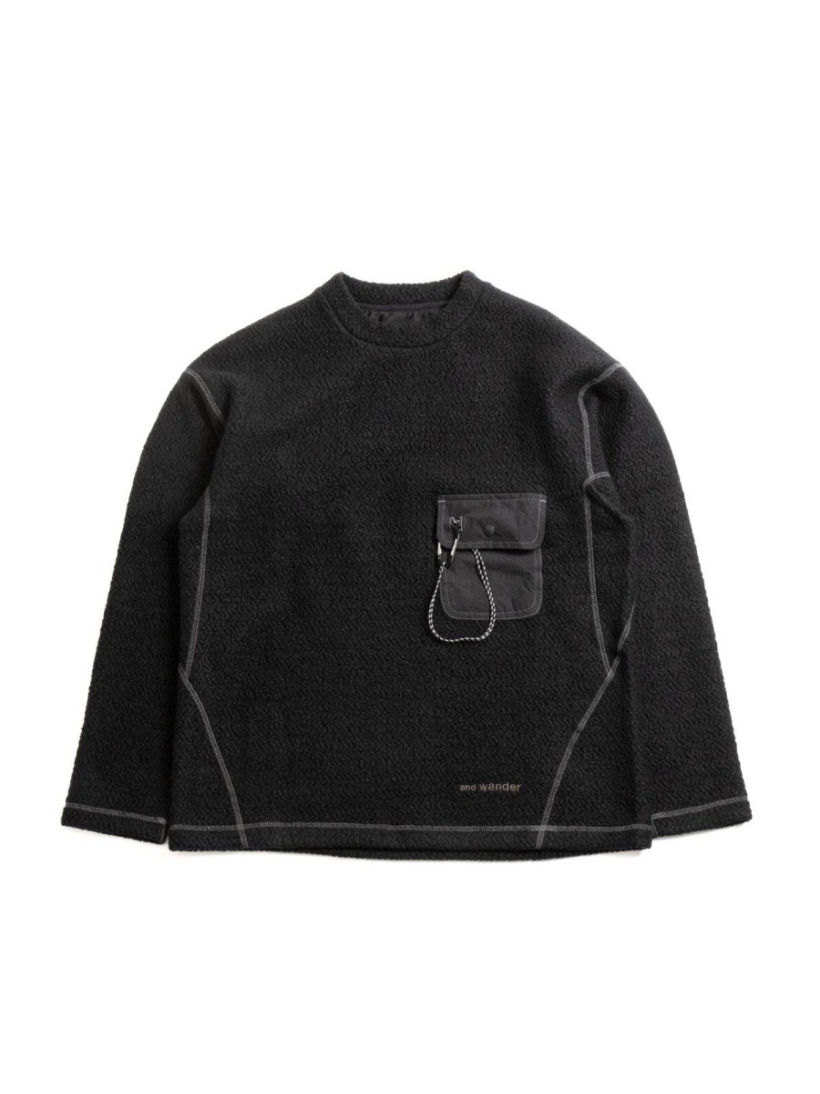 and wander Re Wool Jq Crew Neck Black | Fleece