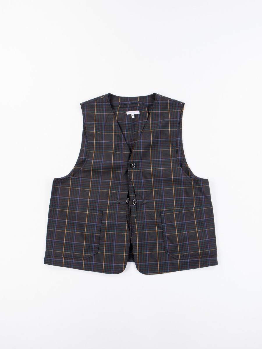 Engineered Garments Dark Brown Polyester Rayon Glen Plaid Upland Vest | Vests & Aprons