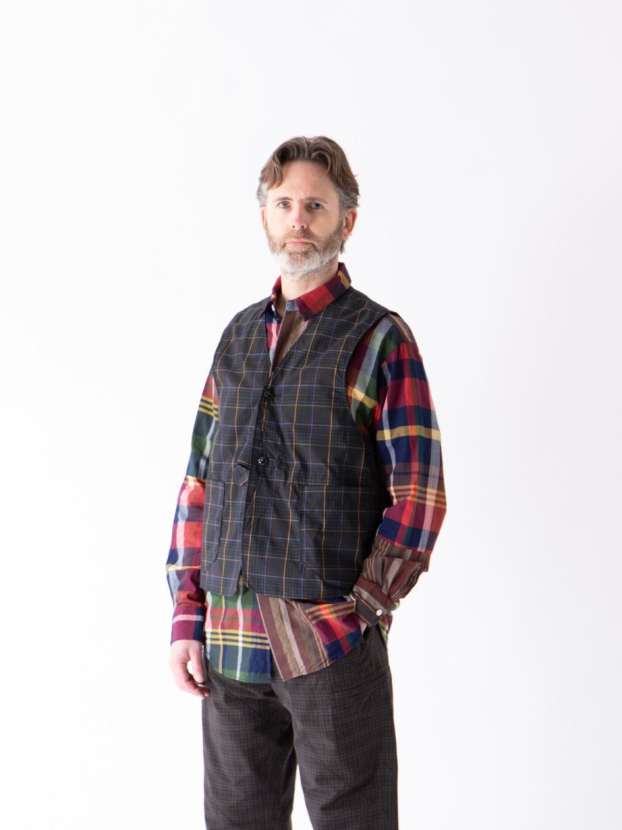 Engineered Garments Dark Brown Polyester Rayon Glen Plaid Upland Vest | Vests & Aprons