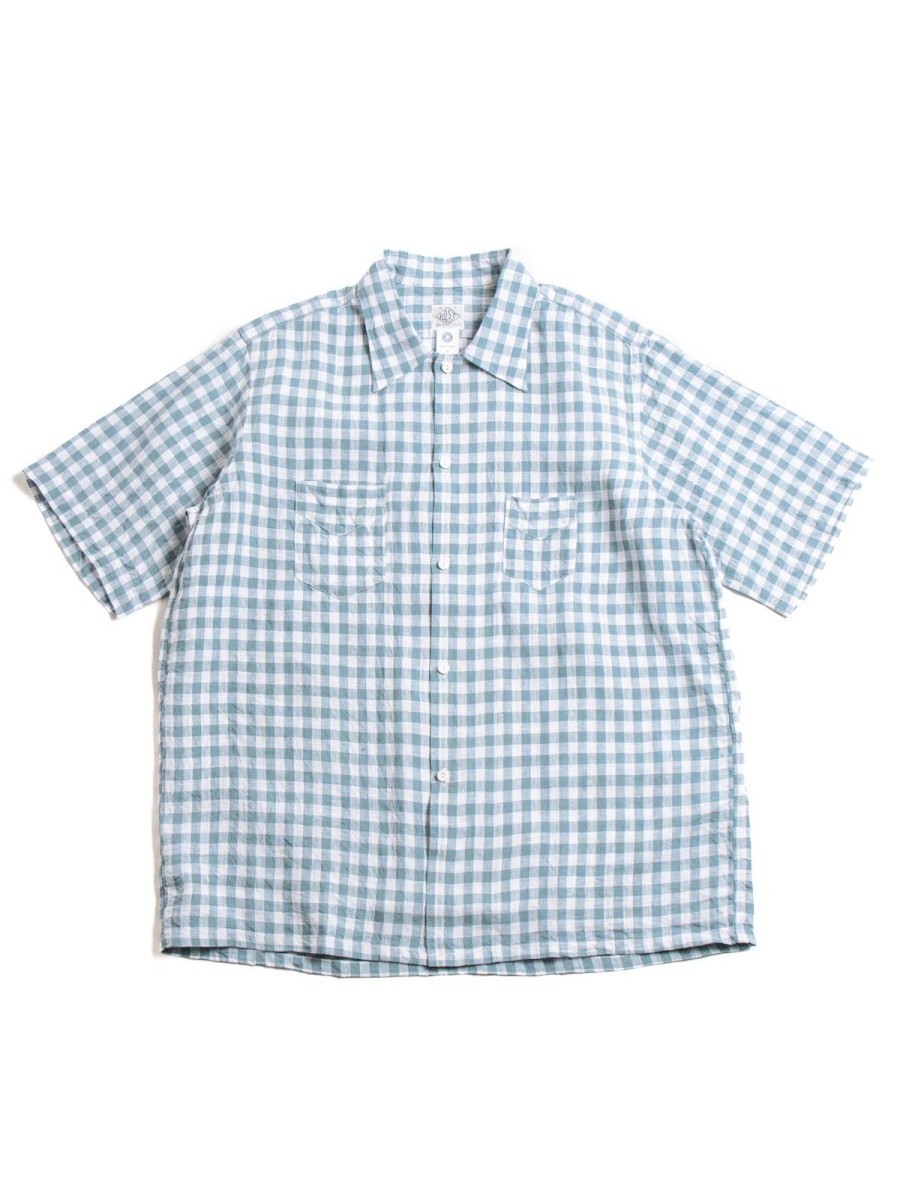 Post O’alls Neutra 4 S/S Linen Check Block Slate Blue | Shirts