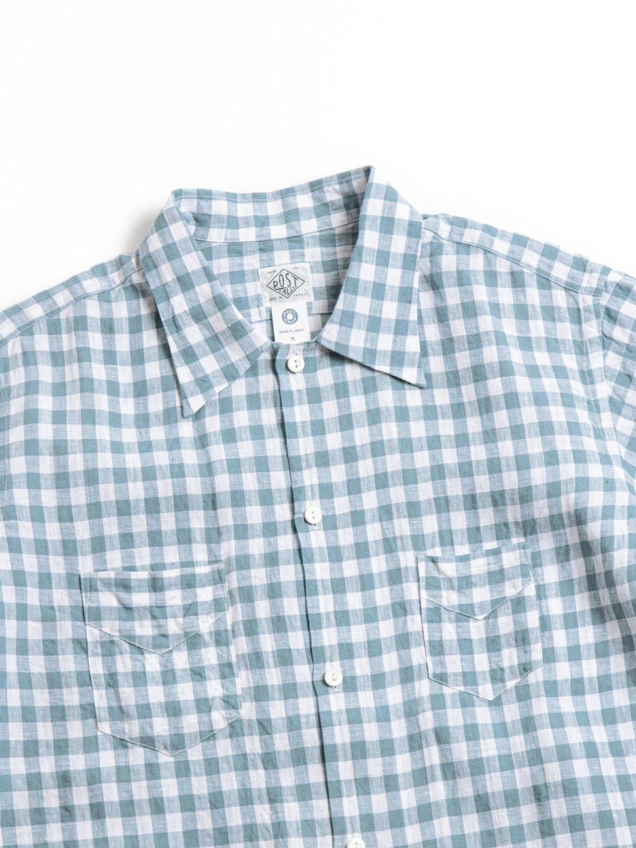 Post O’alls Neutra 4 S/S Linen Check Block Slate Blue | Shirts