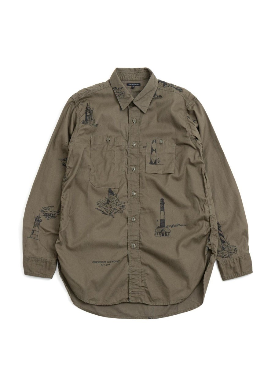 Engineered Garments Work Shirt Olive Lh Printed Sanded Twill | Shirts