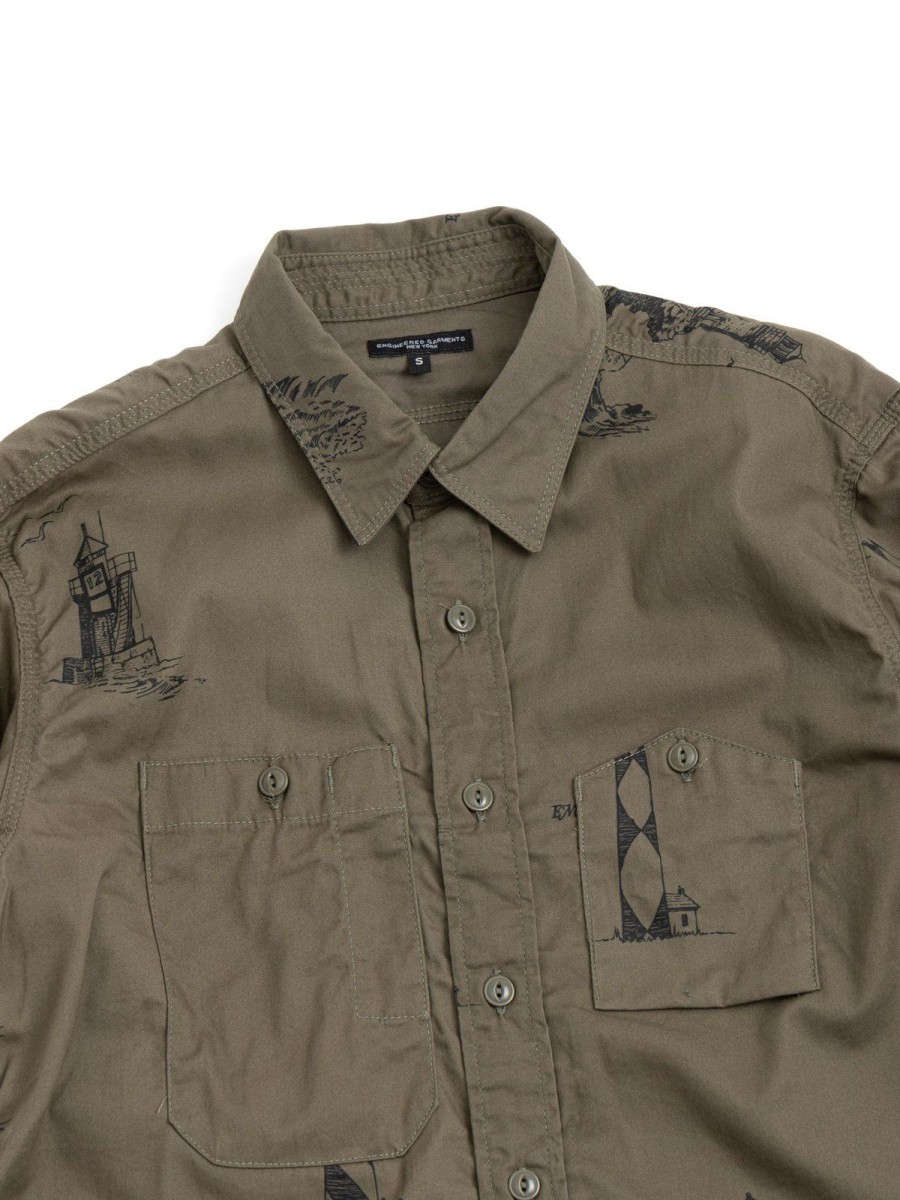 Engineered Garments Work Shirt Olive Lh Printed Sanded Twill | Shirts