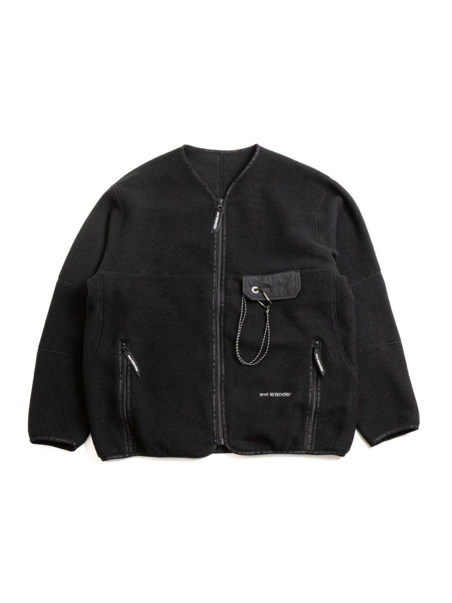 and wander Wool Fleece Cardigan Black | Outerwear