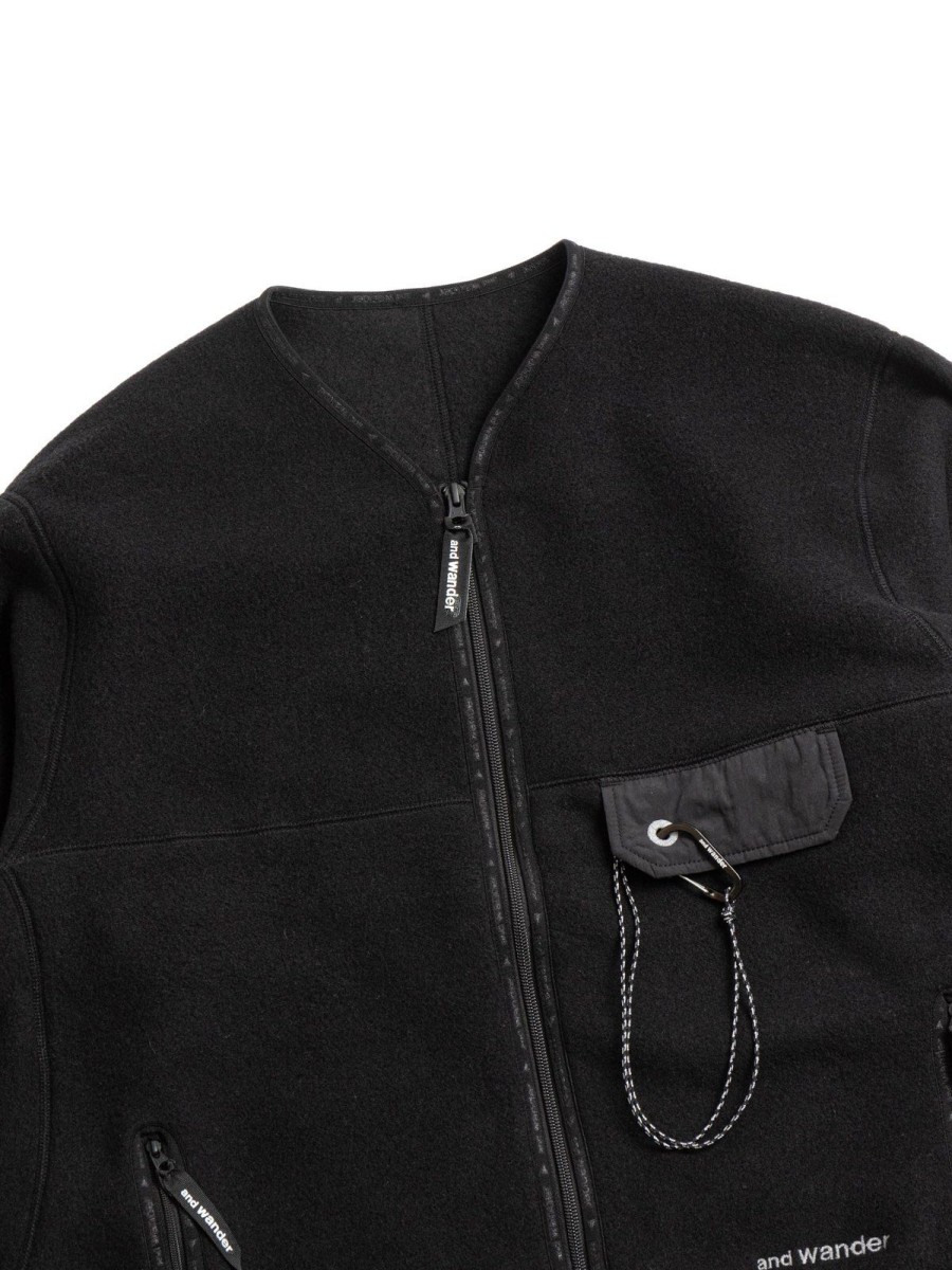 and wander Wool Fleece Cardigan Black | Outerwear