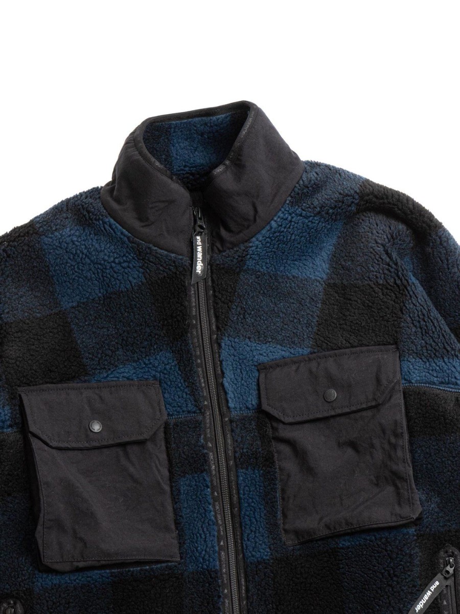 and wander Check Boa Jacket Blue | Outerwear