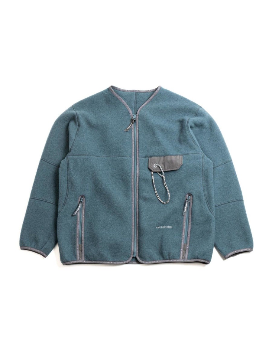 and wander Wool Fleece Cardigan Blue Gray | Knitwear