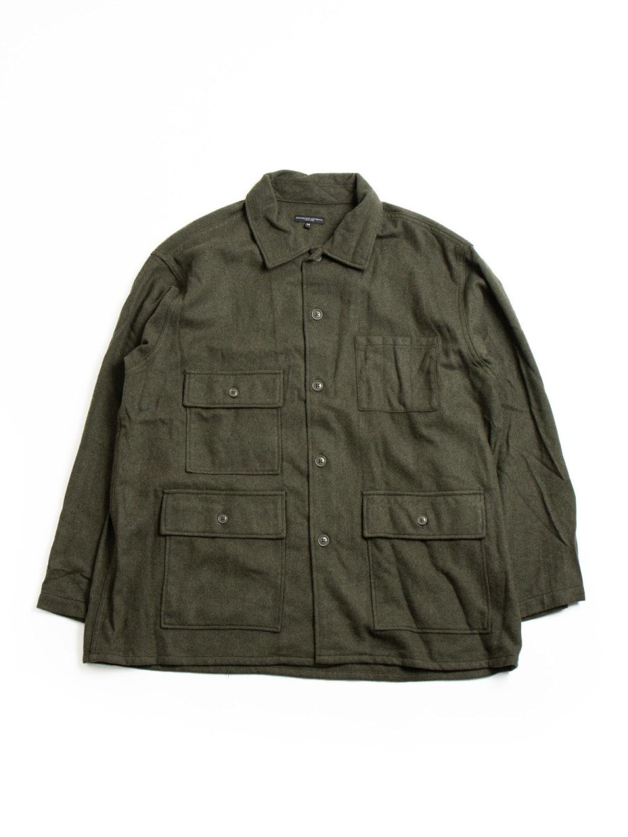 Engineered Garments Ba Shirt Jacket Olive Solid Poly Wool Flannel | Shirts