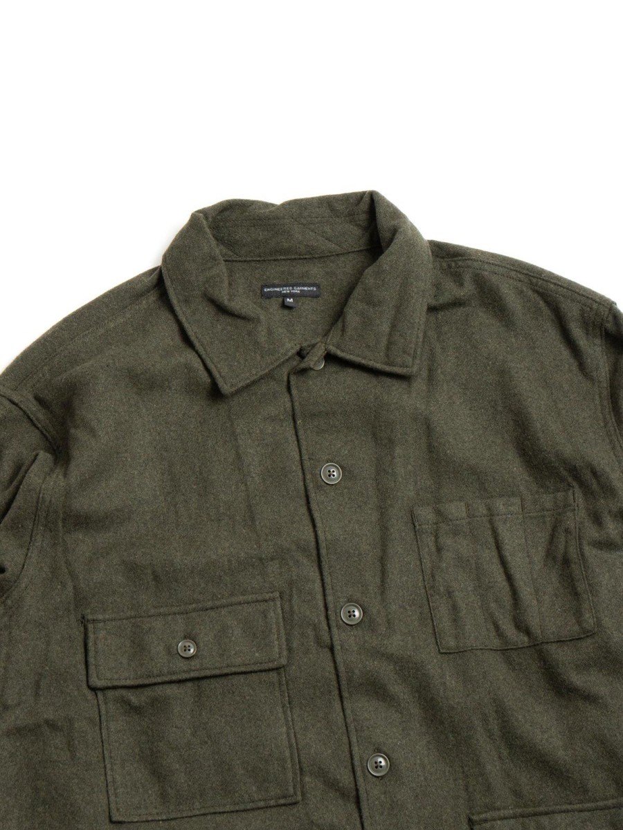 Engineered Garments Ba Shirt Jacket Olive Solid Poly Wool Flannel | Shirts