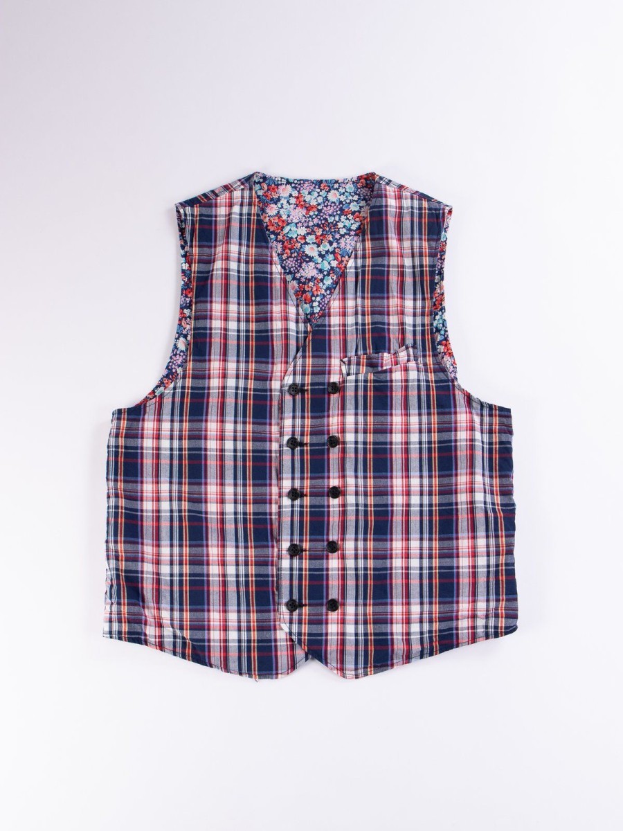 Engineered Garments Navy/White/Red Plaid Poplin Reversible Vest | Vests & Aprons