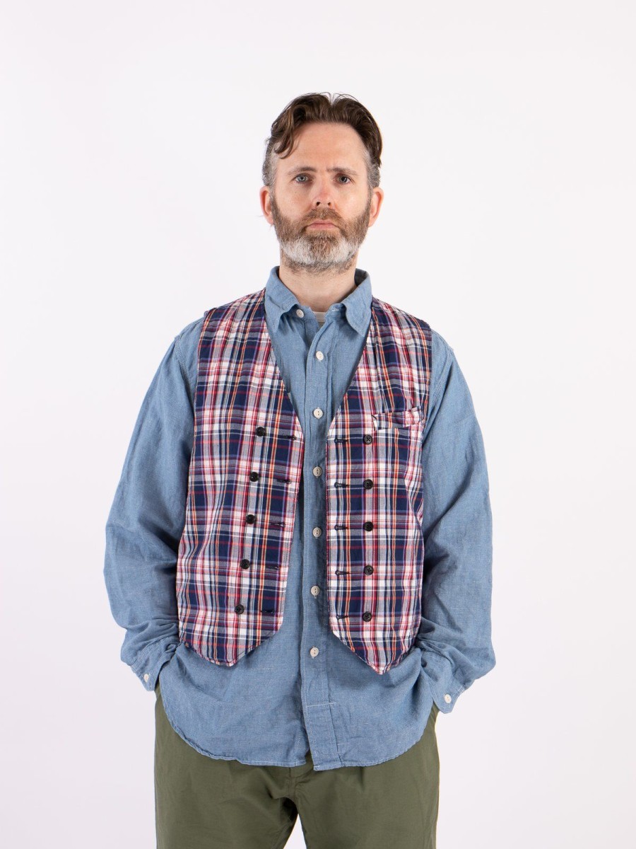 Engineered Garments Navy/White/Red Plaid Poplin Reversible Vest | Vests & Aprons